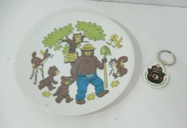 Vintage child&#39;s melamine plate Smokey the Bear Prevent Forest Fires + ke... - $36.37