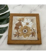 Vintage 80s Made in Italy Trivet Tile Wood Frame Brown Cream Floral Decor - $27.71