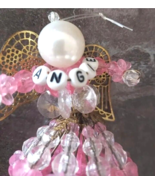 ANGIE Personalized Christmas Angel Ornament Pink Beaded Safety Pin Art  5&quot; - $25.77 CAD