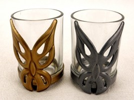 Set of 2 Glass Votive Candle Holders, Metal Butterfly Stands, Gold &amp; Silver Tone - £15.57 GBP