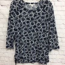 Erin London Womens Blouse Black White Geometric Long Sleeve Ruched Stret... - $15.35