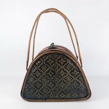 Vintage Wood &amp; Metal Box Handbag Purse Embossed Brown Natural Hinge Latch Boho - £31.59 GBP