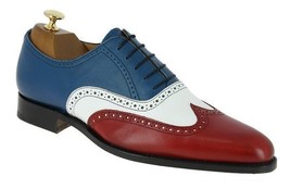 Hand Made Men Plain Toe Wing tip Multi Color Lace Up Real Leather shoes US 7-16 - £107.63 GBP