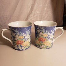 VTG Takahashi San Francisco Echo Cup 10 oz Blue Floral Hand Painted Set of 2 - £13.04 GBP