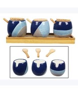 Ceramic Artistic Blue 3 Spice Cellar Jars with Wood Spoon and Cork Top - $34.53