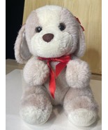 Tan Sitting Dog Plush Toy 8” Stuffed Animal With Red Ear Bows Red Neck B... - $35.23