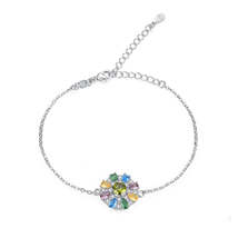 Blue Cubic Zirconia &amp; Silver-Plated Flower Charm Bracelet - £11.18 GBP