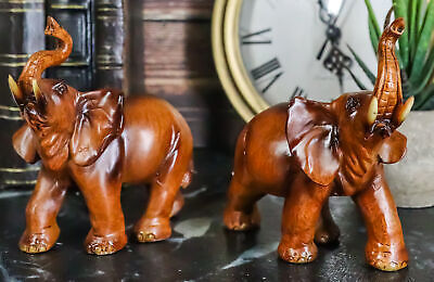 Faux Wood Feng Shui Elephant With Trunk Up Statue Set of 2 East &amp; West E... - $19.99