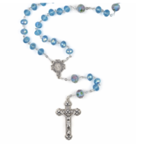 Aqua Glass Crystal Flower Beads Rosary Crucifix Miraculous Center Necklace - £31.69 GBP