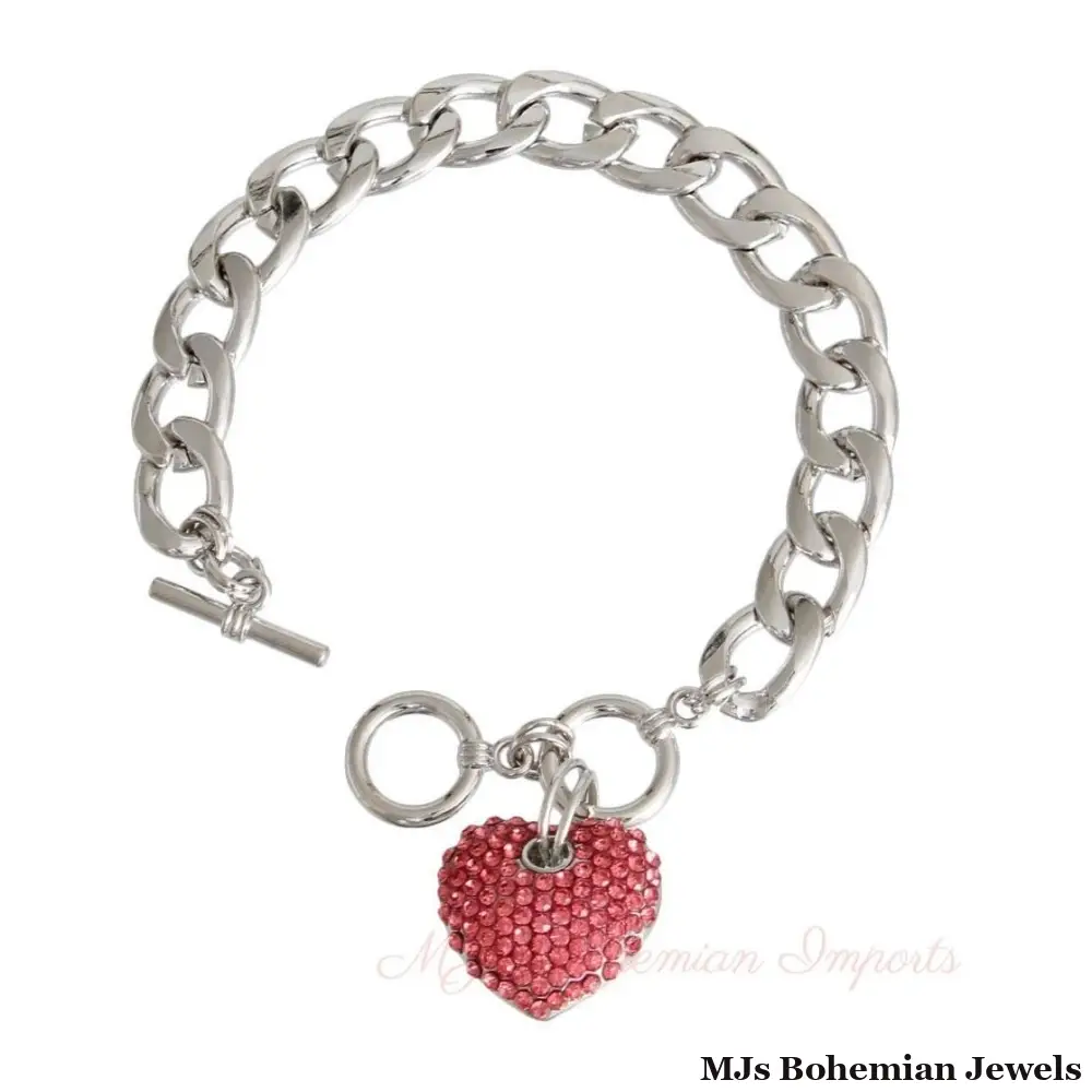 Pink Stone Heart Silver Bracelet - £10.05 GBP