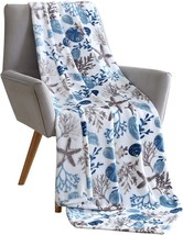 Decorative Ocean Life Throw Blanket: Soft Plush Velvet Fleece Hues Of Blue Grey - £31.05 GBP