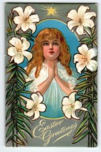 Easter Postcard Choir Girl Praying Lily Flowers Religious Embossed Antique - £8.60 GBP