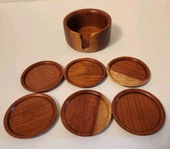 Vintage Acacia Wood Coaster Set of 6 with Holder 3in Coasters Tiki  - £14.45 GBP