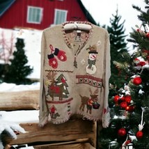 Kik-It Beige Sweater Women&#39;s XL Wool Blend Ugly Cute Christmas Full Zip ... - $28.71