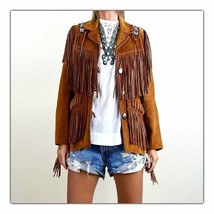 Brown Color Womens Western Style Bone Bead Patches Suede Leather Fringed Jacket - £140.99 GBP