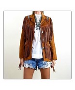 Brown Color Womens Western Style Bone Bead Patches Suede Leather Fringed... - £140.99 GBP