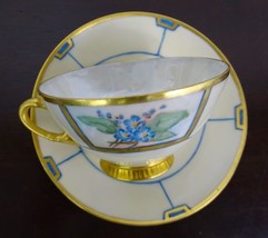 Hand painted Demitasse Cup Saucer Set Iridescent Blue Flower Gold Czechoslovakia - £27.36 GBP