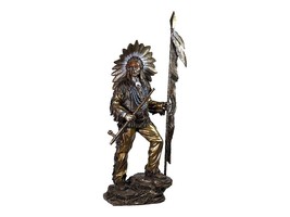 Large Indian Chief Holding Feathered Spear and Peace Pipe Cold Cast Bronze Resin - £395.47 GBP