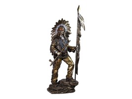 Large Indian Chief Holding Feathered Spear and Peace Pipe Cold Cast Bron... - $505.55