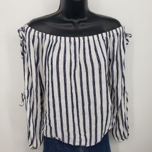 Areopostale Long Sleeve Slit Pullover Top Small Blue White Stripes Off Shoulder - $12.00