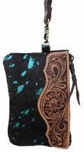 Women&#39;s Acid Wash Hair-On Tooled Leather Small Wallet Wristlet Pouch 18R... - $29.69