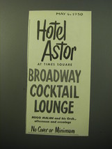 1950 Hotel Astor Advertisement - Times Square Broadway Cocktail Lounge - £14.48 GBP