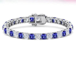 18Ct Cushion Cut Simulated Blue Tanzanite Tennis Bracelet 14K White Gold Plated - £289.38 GBP