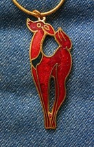 Art Deco Style Red Cloisonne Enamel Reindeer Pendant Necklace 1970s - $14.95