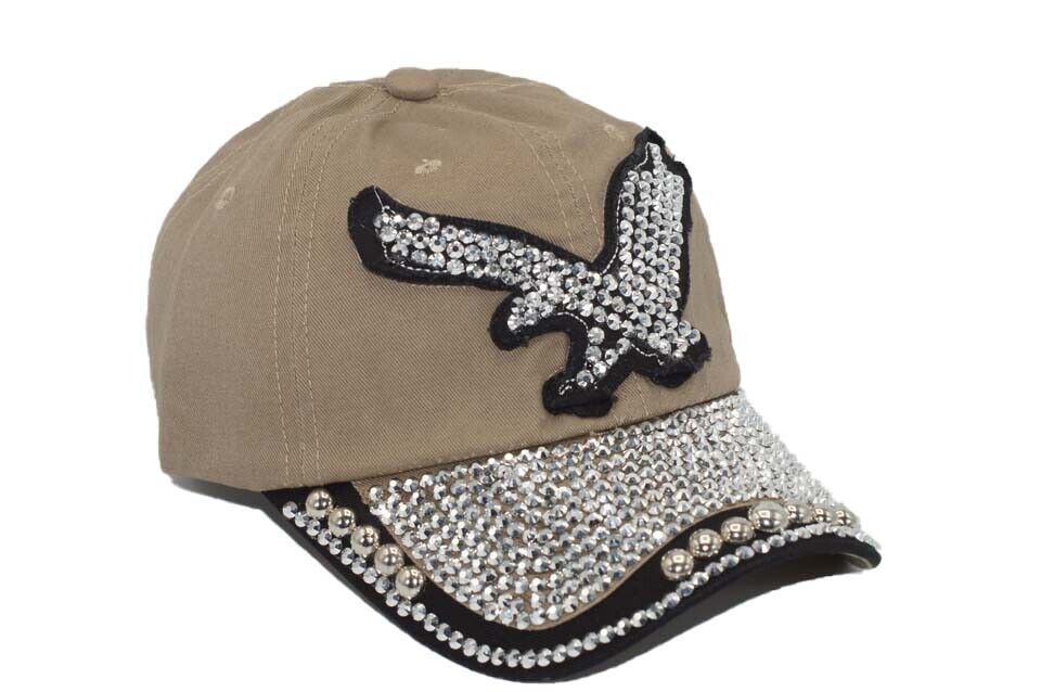 Khaki - Eagle Baseball Cap Wash Dad Sparkle Cap Design Adjustable Strap Unisex