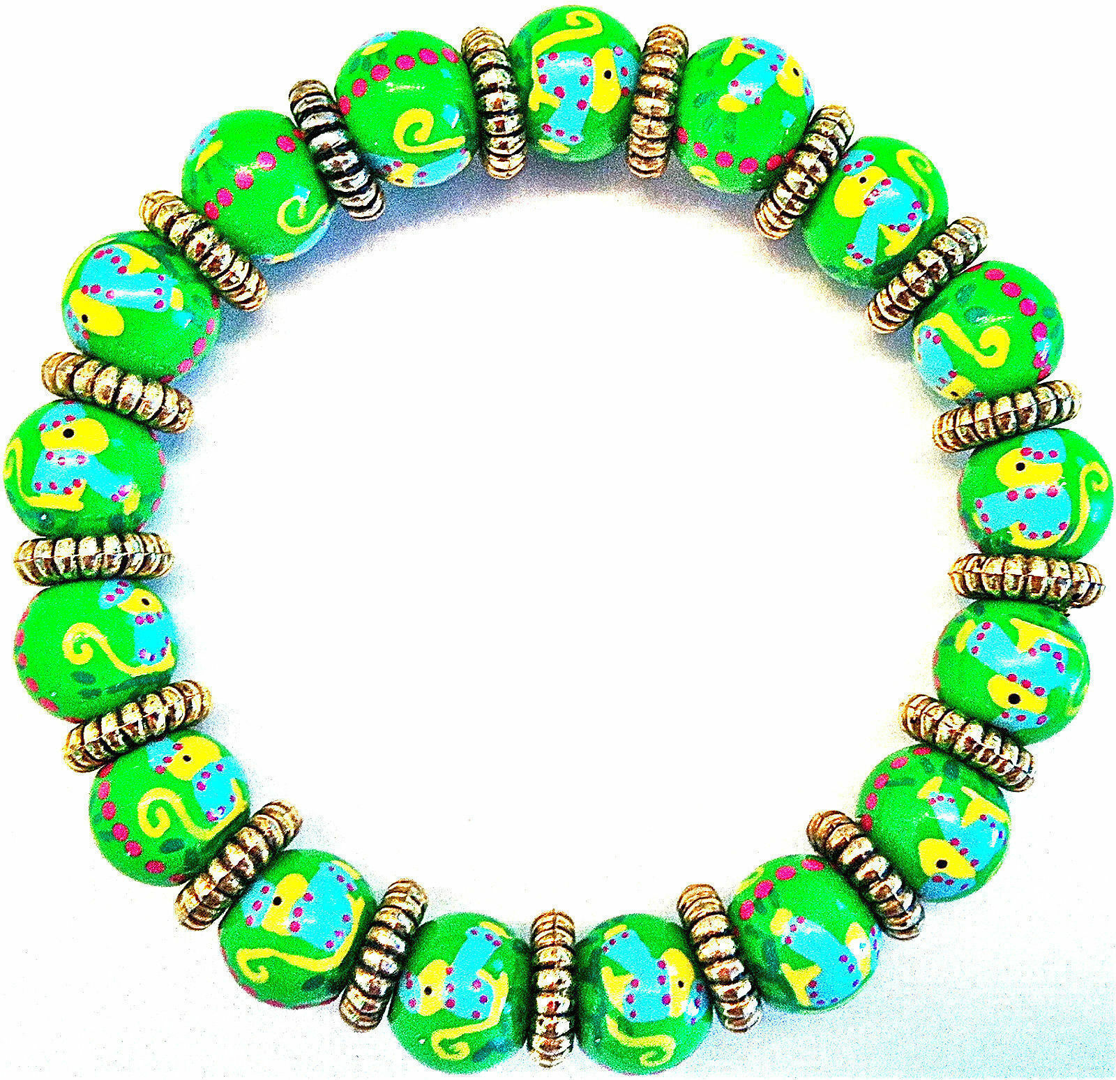 NEW ANGELA MOORE PETITE BEADED BRACELET GREEN W/ BLUE & YELLOW MONKEYS RED DOTS Item image 5