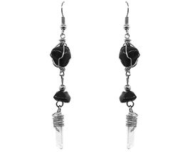 Wire Wrapped Tumbled Healing Stone Long Clear Quartz Crystal Point Dangle Earrin - £11.86 GBP