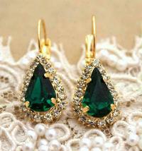 14K Yellow Gold Over 3.10 Ct Pear Green Emerald Dangle Drop Earrings Leverback - £66.65 GBP