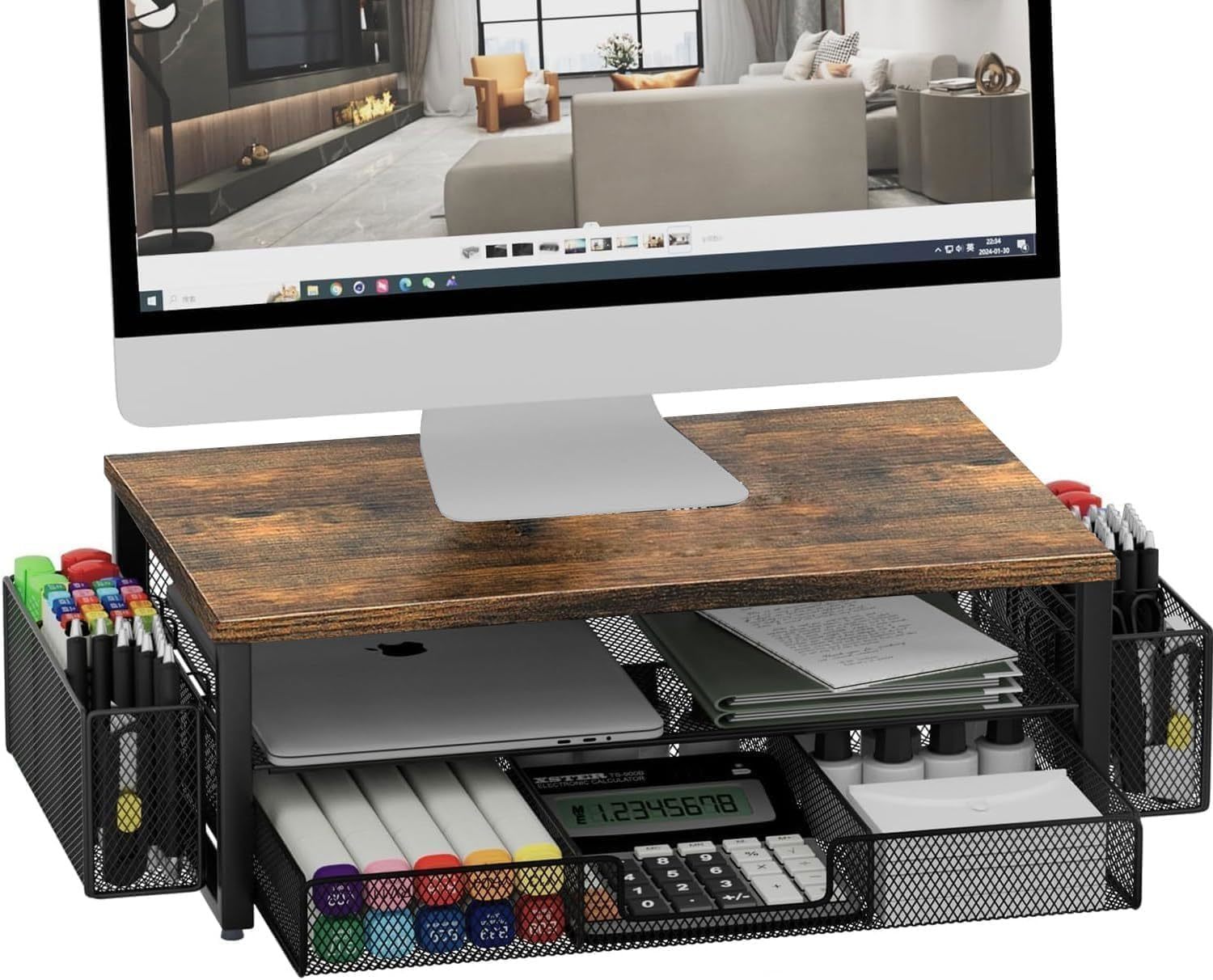 Gianotter Monitor Stand Riser, Desk Organizer With Drawer And Pen Holder... - $35.98