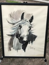 Naomi Original 1970s Modern Minimalist Abstract Watercolor Framed Horse Portrait - £643.42 GBP