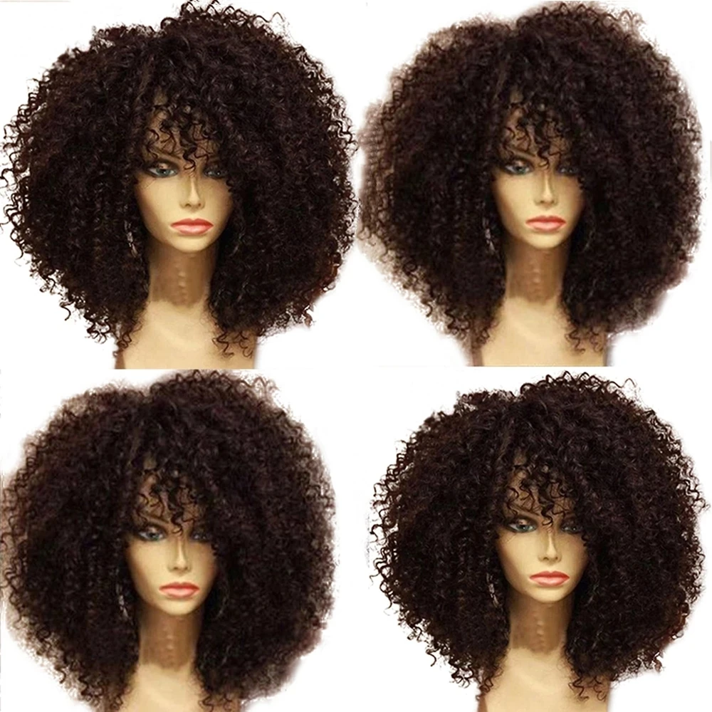 Afro Curly Human Hair Wigs With Bangs Full Machine Made Wig For Women Brazilian - £76.70 GBP+