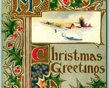 Christmas Greetings Art Nouveau Holly Cabin Scene Embossed Gilt DB Postc... - $6.88