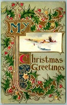 Christmas Greetings Art Nouveau Holly Cabin Scene Embossed Gilt DB Postcard F4 - £5.37 GBP