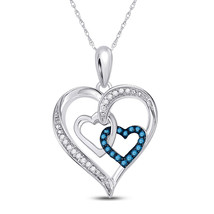 Sterling Silver Womens Round Blue Color Enhanced Diamond Heart Pendant 1/10 Cttw - £110.32 GBP