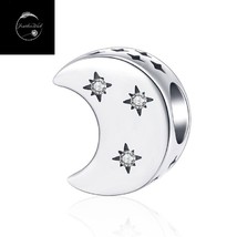 Genuine Sterling Silver 925 Crescent Moon And Stars Bead Charm With CZ Birthday - £16.75 GBP
