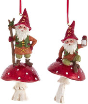 Kurt Adler Set Of 2 Resin 4.72&quot; Gnome On Mushroom Christmas Ornaments D3765 - £25.89 GBP