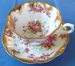 Royal Albert Pink Cabbage Rose Tea Cup &amp; Saucer With Heavy Gold - £28.02 GBP