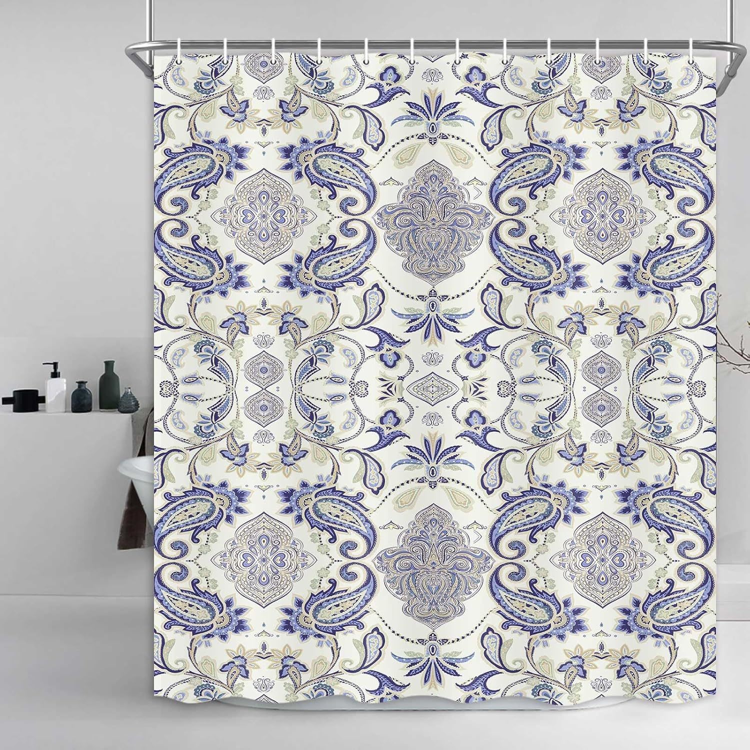 Paisley Shower Curtain, Botanical Floral Shower Curtain Set Blue Paisley Flowers
