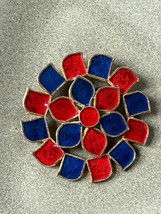 Vintage Florenza Signed Red &amp; Blue Enamel &amp; Goldtone Flower Pin Brooch – 2 inche - £19.40 GBP