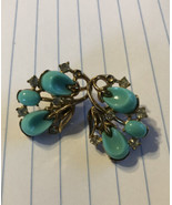 BEAUTIFUL  SIGNED Spray TRIFARI CLIP ON EARRINGS WITH TURQUOISE STONES-M... - $80.64