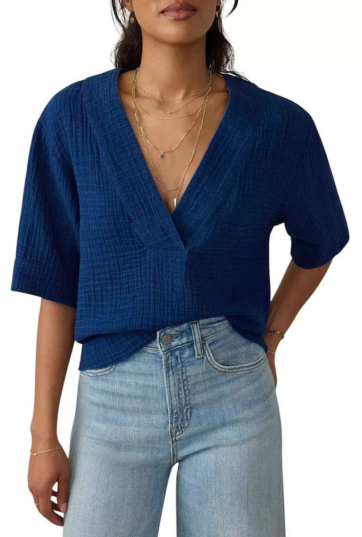 faherty Dune Cotton Gauze Short Sleeve Popover Dark Indigo Women&#39;s Top S... - $59.99