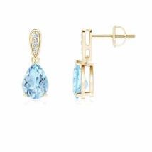 Aquamarine Drop Earrings with Diamond in 14K Gold (Grade-AAA , 7x5MM) - £582.01 GBP