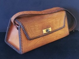 60s Western Leather Purse Satchel Brown Boho Cowboy Trapezoid Hand Tooled Vtg - £32.50 GBP