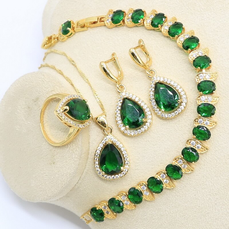 Gold Color Jewelry Set for Women Green Zircon Bracelet Earrings Necklace Pendant - £28.13 GBP