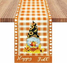 ~ 13&quot; x 72&quot; Gnome Plaid Table Runner ~ Happy Fall Burlap/linen/Polyester ~ NEW ~ - £11.99 GBP