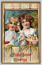 Easter Greeting Victorian Children White Bunny Rabbit Little Chicks Postcard O25 - £5.45 GBP
